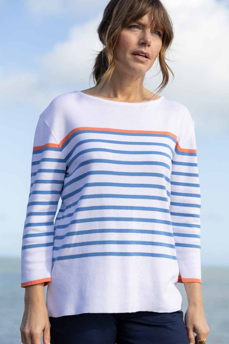 Pull marinière bleu et orange 3 B Solfin Fabriqué en France