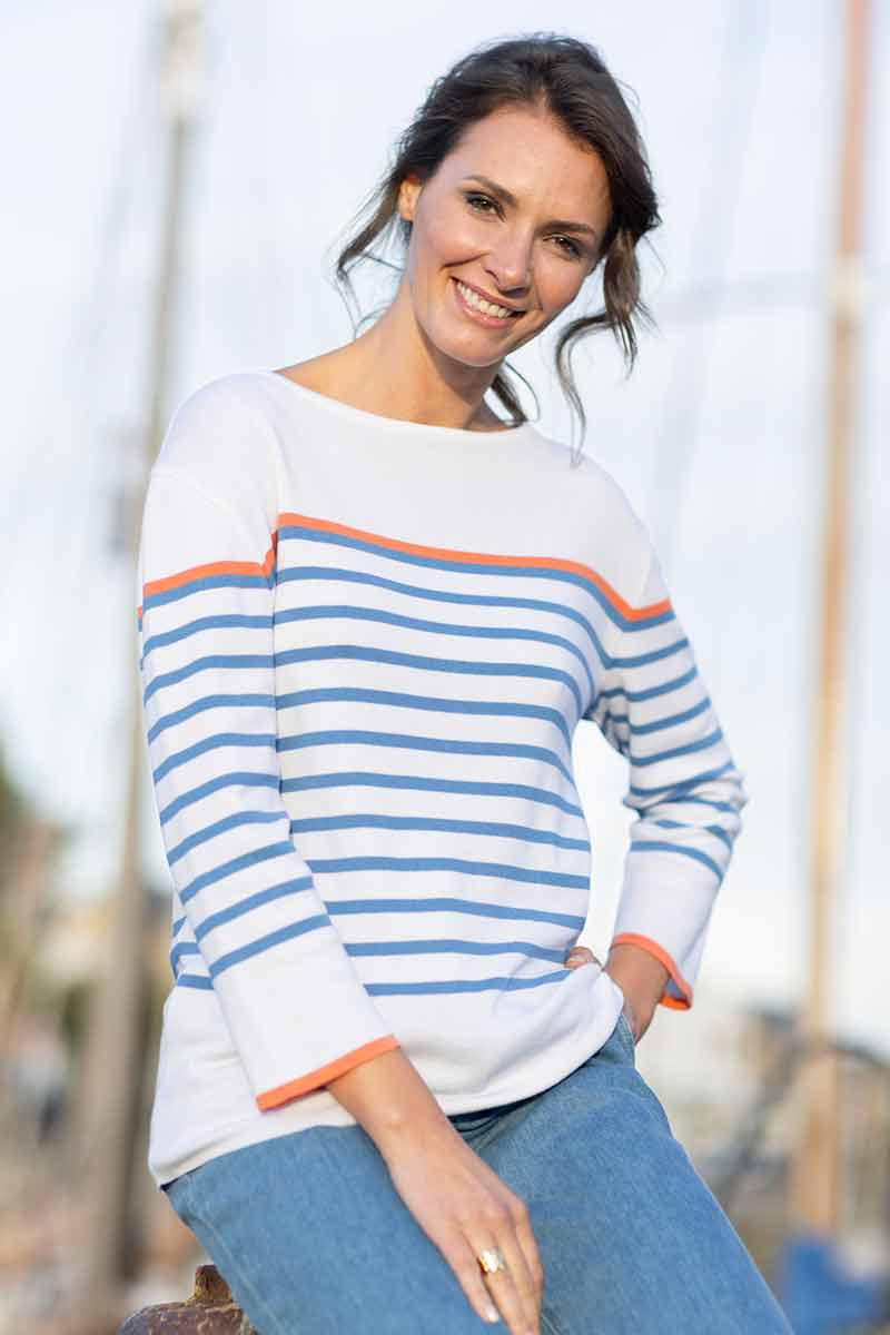 Pull marinière bleu et orange 2 B Solfin Fabriqué en France