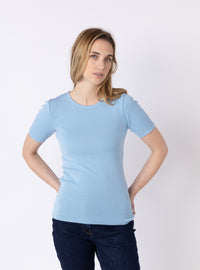 tee-shirt laine mérinos femme bleu glacier manches courtes face