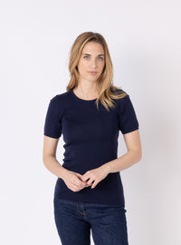 tee-shirt laine mérinos femme bleu marine manches courtes face