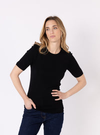 tee-shirt laine mérinos femme noir manches courtes face