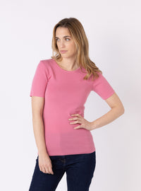 tee-shirt laine mérinos femme rose fard manches courtes face