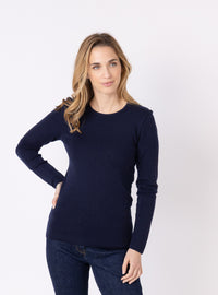 tee-shirt laine mérinos femme bleu marine manches longues face