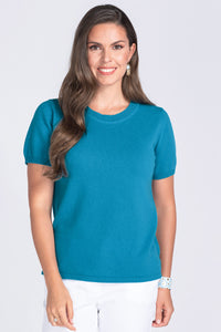 Pull femme manches courtes en cachemire, bleu