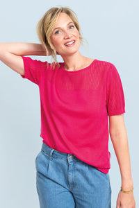 Pull manches courtes ajourées - ROSE FUCHSIA