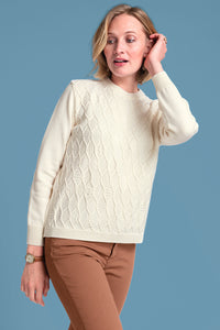 Pull torsades femme blanc en laine mérinos