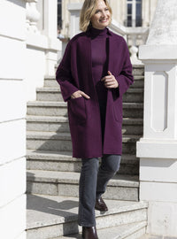 Manteau long femme en laine bouillie violet prune