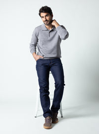 Pull homme col polo à boutons gris léger