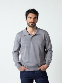 Pull col polo homme gris léger en laine mérinos