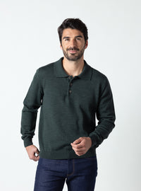 Pull col polo homme vert chiné en laine mérinos