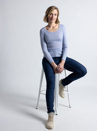 Tee-shirt manches longues femme laine mérinos et soie bleu ciel