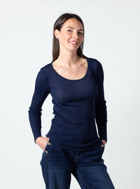 Tee-shirt manches longues femme laine mérinos et soie bleu marine