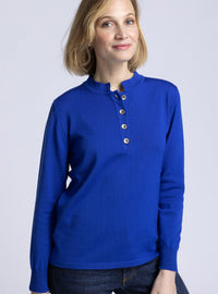 pull femme col 4 boutons bleu
