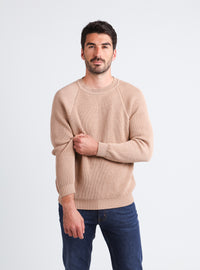 Pull homme beige chaud en laine mérinos, maille perlée, vue de face