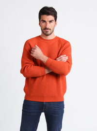 Pull homme orange confite en laine mérinos, maille perlée, vue de face