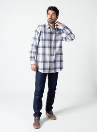 chemise homme carreaux beige bleu coton laine