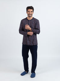 pyjama homme coton imprimé feuillage rouge et pantalon bleu marine face