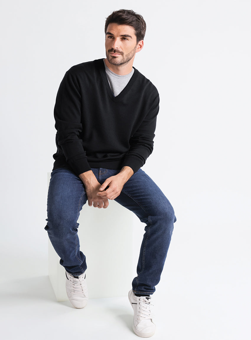 Coll Pull Pull mérinos Coll V noir Made in France| Maison Solfin