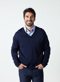 Pull homme col V 100% laine mérinos bleu marine