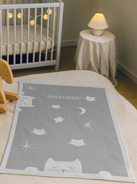 plaid bébé motif chats laine gris métal fabriqué en France