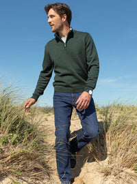 Pull homme col camionneur en laine vert chiné