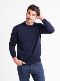 Pull homme bleu marine en laine mérinos, col rond, vue de face