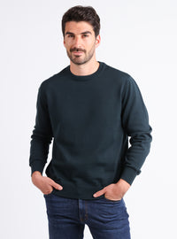 Pull homme vert sombre en laine mérinos, col rond, vue de face