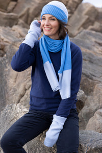 Bonnet femme bicolore en laine mérinos et cachemire bleu