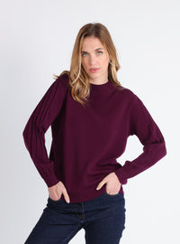 Pull femme laine mérinos violet nuit col montant