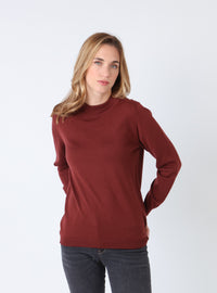 pull femme col cheminée laine mérinos rouge terre de sienne