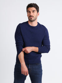 Pull homme bleu amiral en laine mérinos fine effet damier