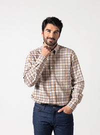 Chemise homme en coton carreaux beige camel