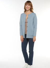 Veste longue femme en laine bleu brume