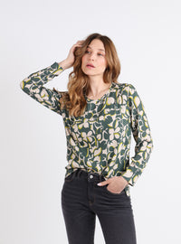 blouse femme viscose imprimé floral vert et beige