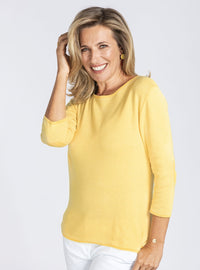 Pull femme col rond en coton jaune citron