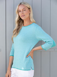 Pull femme col rond en coton vert tropical