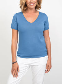 pull femme manches courtes en coton bleu