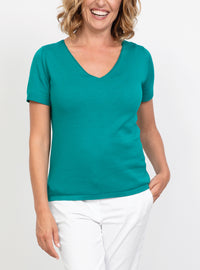 pull femme col  V sans manches en coton vert