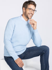 pull col rond bleu ciel chiné maille perlée 50% laine