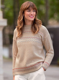 Pull femme jacquard beige clair en laine lambswool Made in France
