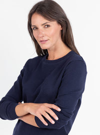 Pull femme en laine mérinos col rond bleu marine