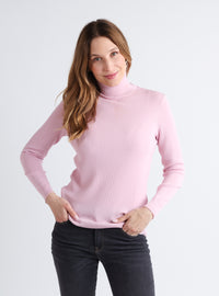 pull col roulé ajusté femme laine mérinos rose clair