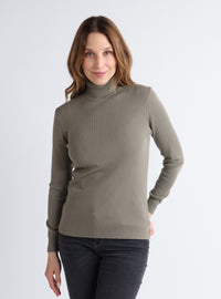 Pull chaussette femme col roulé mérinos vert olive face