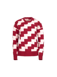 Pull bicolore rouge et rose à damier vue de face