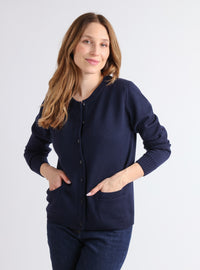 Cardigan femme en laine mérinos jersey épais Bleu Marine – vue de face