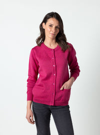 Cardigan femme col rond en laine mérinos rose géranium