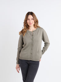 Cardigan femme vert olive en laine mérinos – vue de face