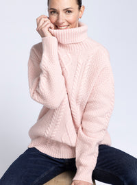 pull col roule laine recyclee rose poudre