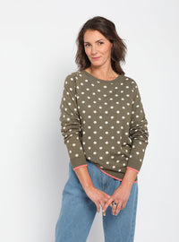 Pull femme vert kaki à pois en coton