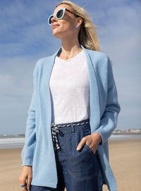 gilet long femme bleu horizon en laine recyclée